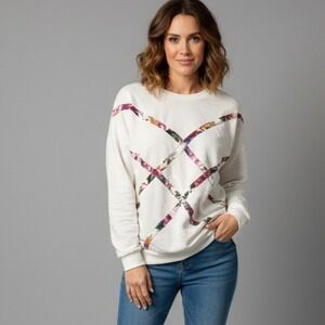NWT Silver Threads Ltd Sweater Women's Size 2X White Floral Ribbon Detail Cotton